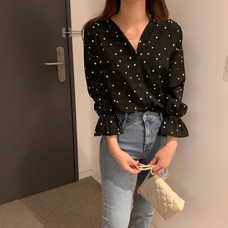 ハート柄 シャツブラウス レディースVネック[品番：II000005167