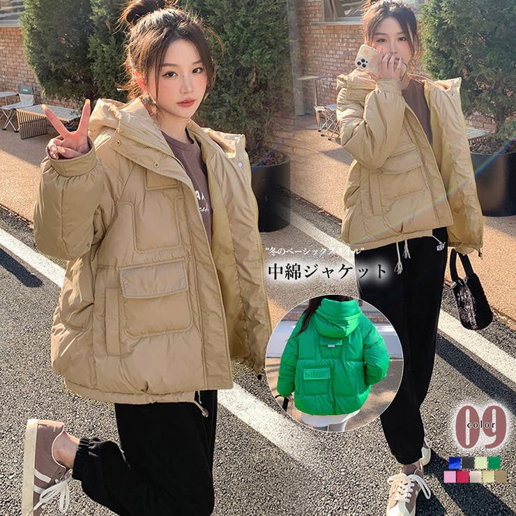 中綿フェイクダウンジャケット フード付き[品番：II000009489