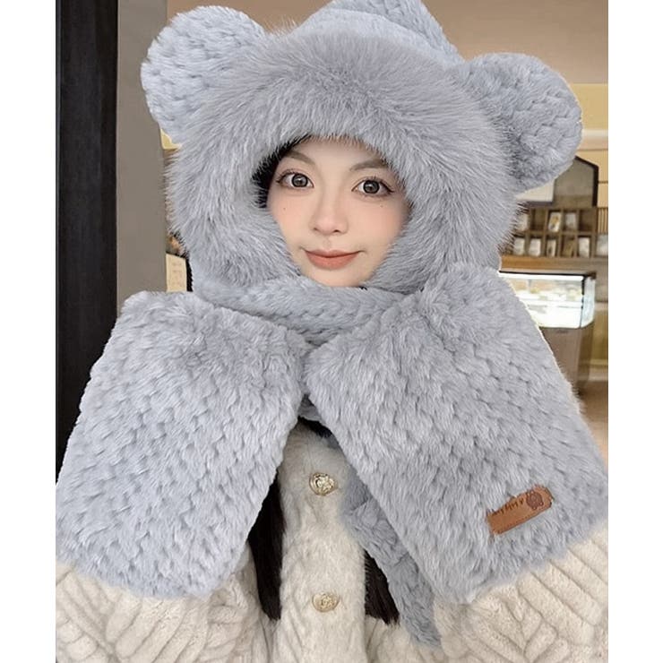 くま耳ニット帽子 マフラー 手袋 一体型[品番：II000012140