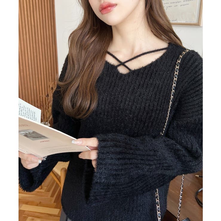 クロスネックシャギーニットプルオーバー[品番：ERMW0003980]｜moment+