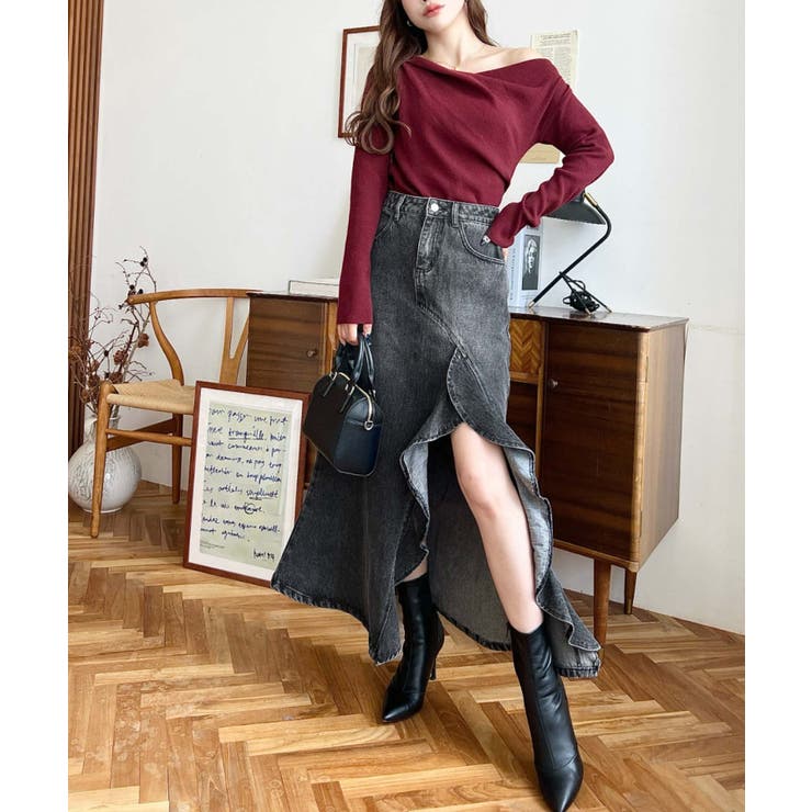 アシメフリルロングデニムスカート[品番：ERMW0003923]｜moment+