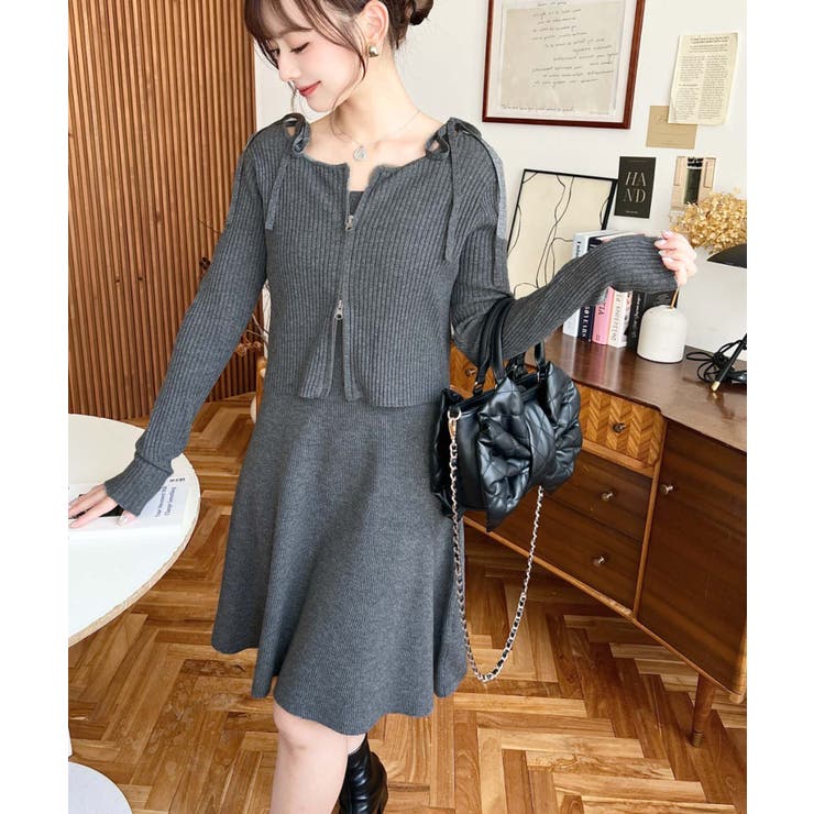 セットアップワンピース》ジップアップカーディガン&リボンキャミ