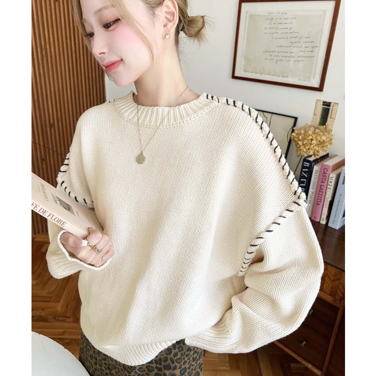 配色ハンドステッチニットプルオーバー3G[品番：ERMW0004074]｜moment+