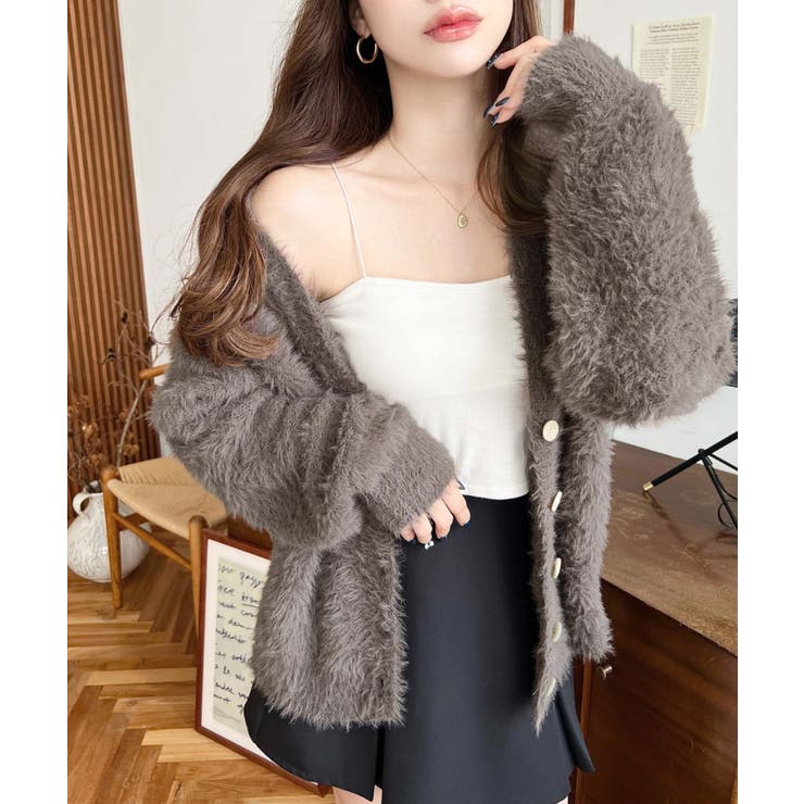 Vネックロングシャギーニットカーディガン[品番：ERMW0003972