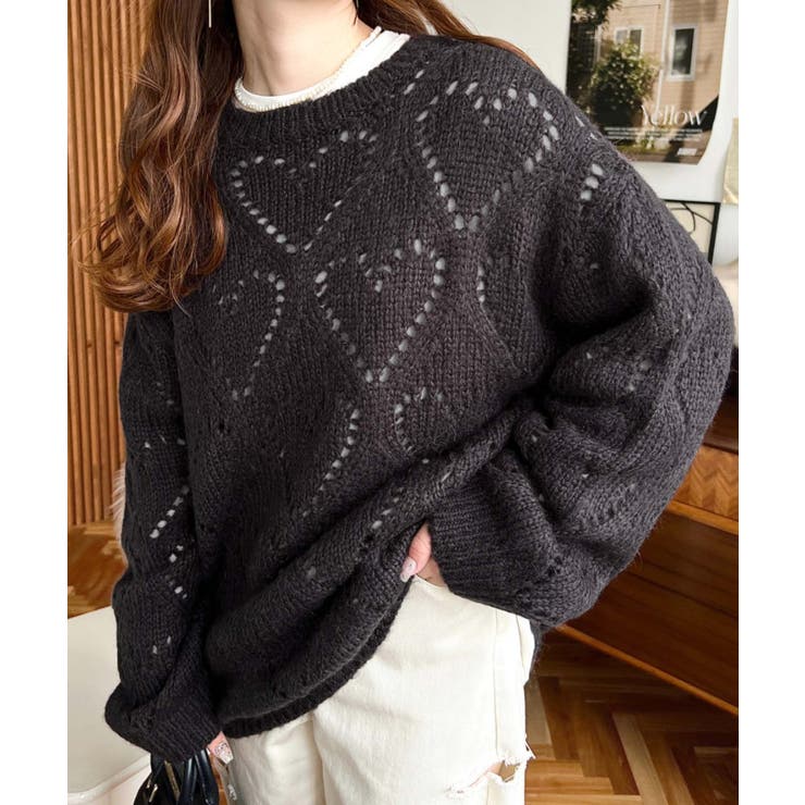 モヘア混ハート柄透かし編みニットプルオーバー[品番：ERMW0000316