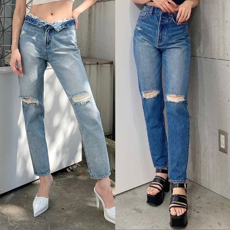 ハイウエストGYDA SLEEK KNEEダメージデザインデニムパンツ[品番