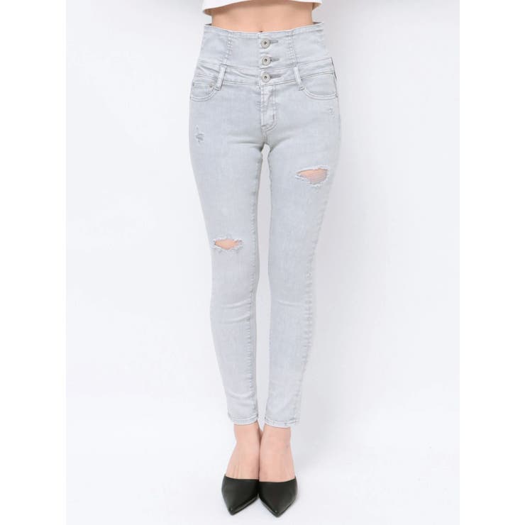 ハイウエスト ボタン ダメージ ケミカル カラースキニーパンツ[品番