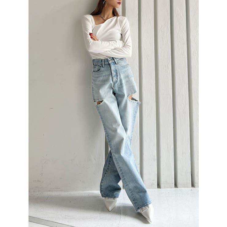 TINY】ハイウエストBOTH SIDE RIPPEDストレートワイドデニムパ…[品番