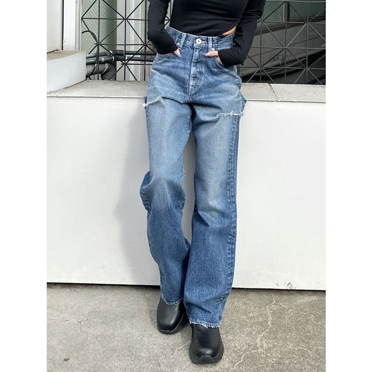 TINY】ハイウエストBOTH SIDE RIPPEDストレートワイドデニムパ…[品番