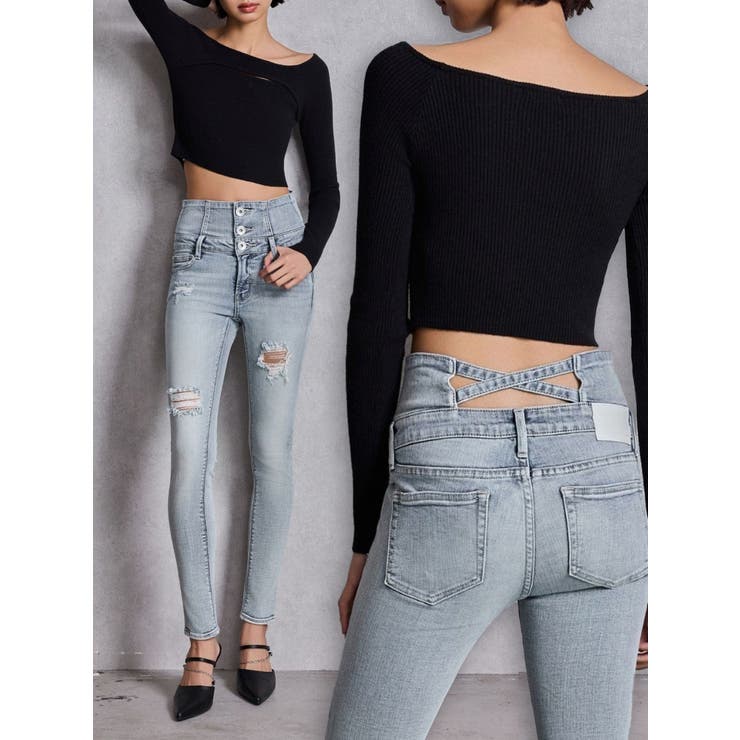 ハイウエストバッククロスダメージスキニーデニムパンツ[品番