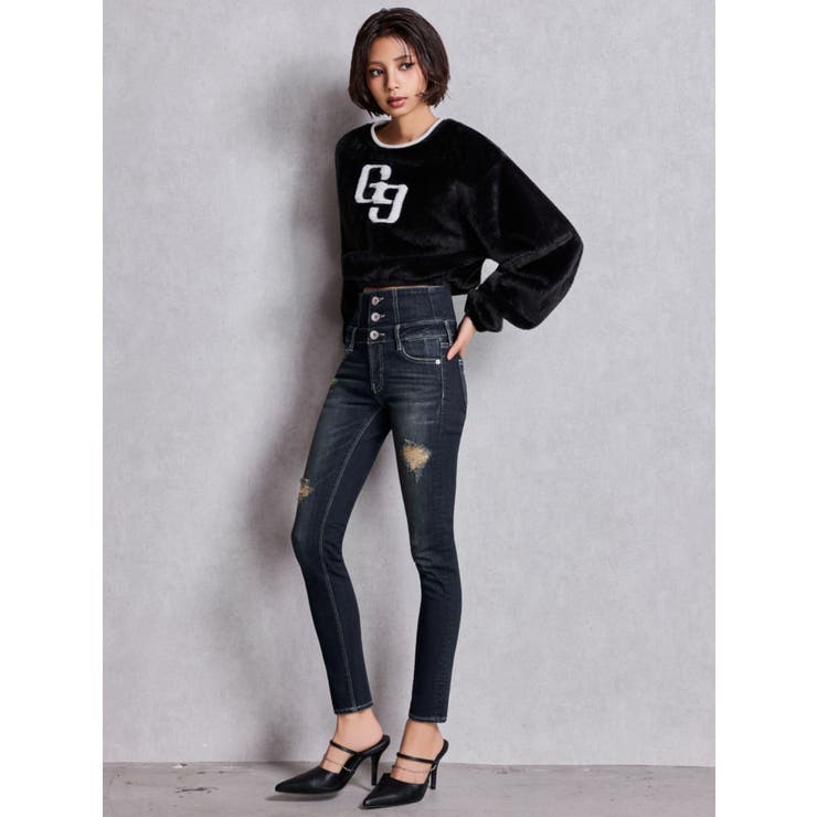 ハイウエストバッククロスダメージスキニーデニムパンツ[品番