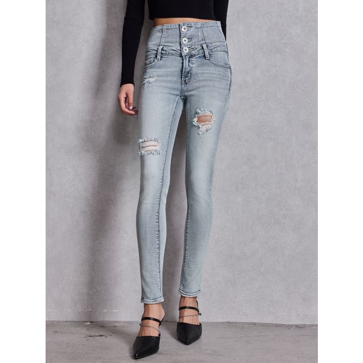 ハイウエストバッククロスダメージスキニーデニムパンツ[品番