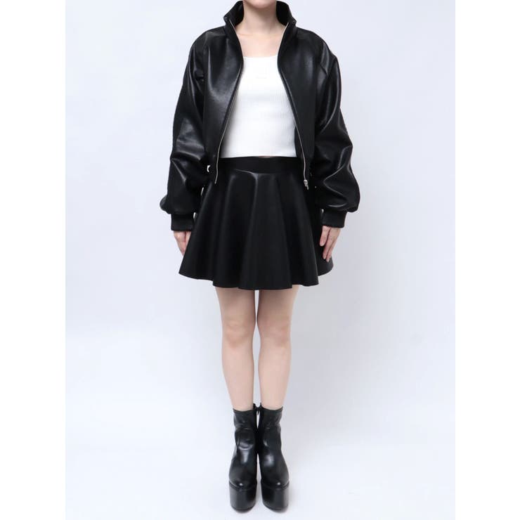 レースラインボリュームスリーブフェイクレザージャケット【SETUP着用