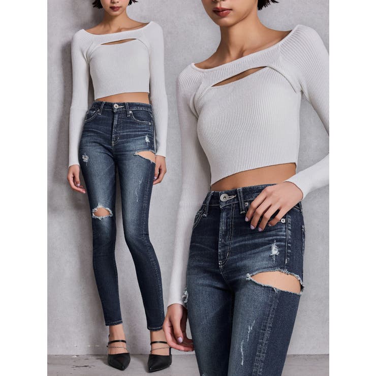 ミドルウエストSIDE RIPPEDスキニーデニムパンツ[品番：MKSW0068477