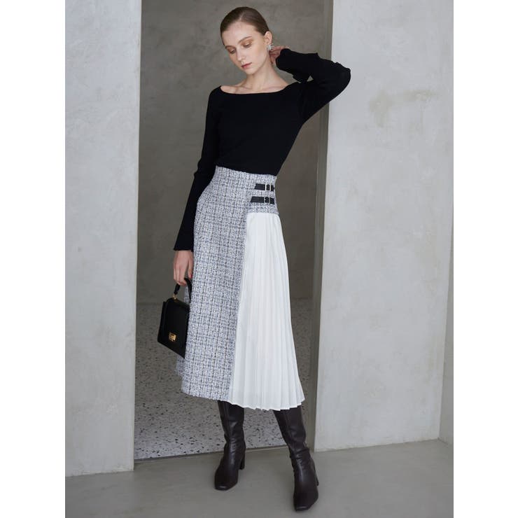 セットアップ着用可】異素材ツイードサイドプリーツスカート[品番