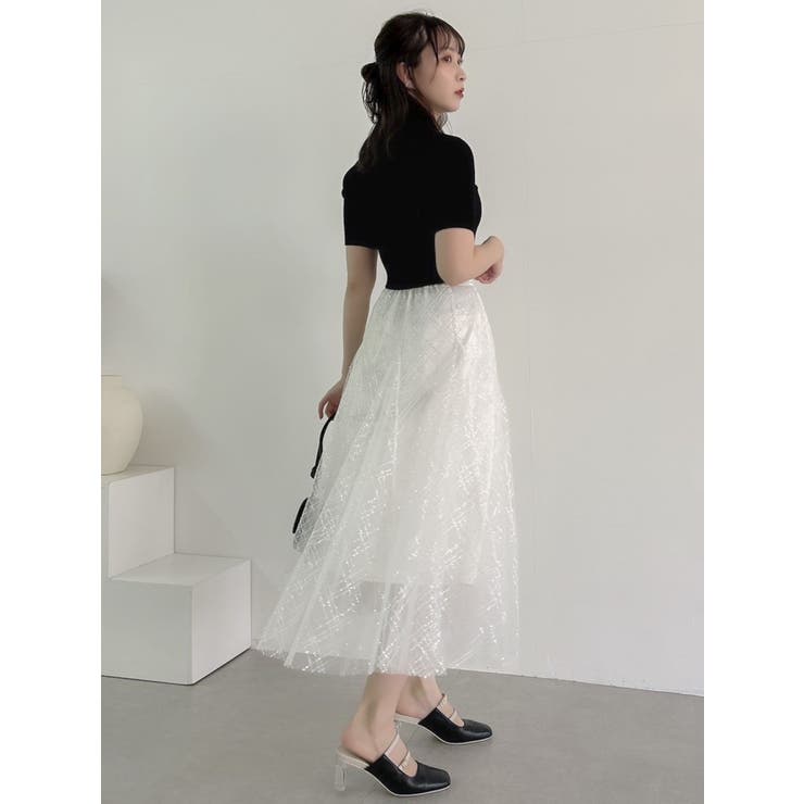 スパンコールチュールチェックスカート[品番：MKSW0054970]｜dazzlin