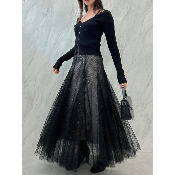 スパンコールチュールチェックスカート[品番：MKSW0054970]｜dazzlin