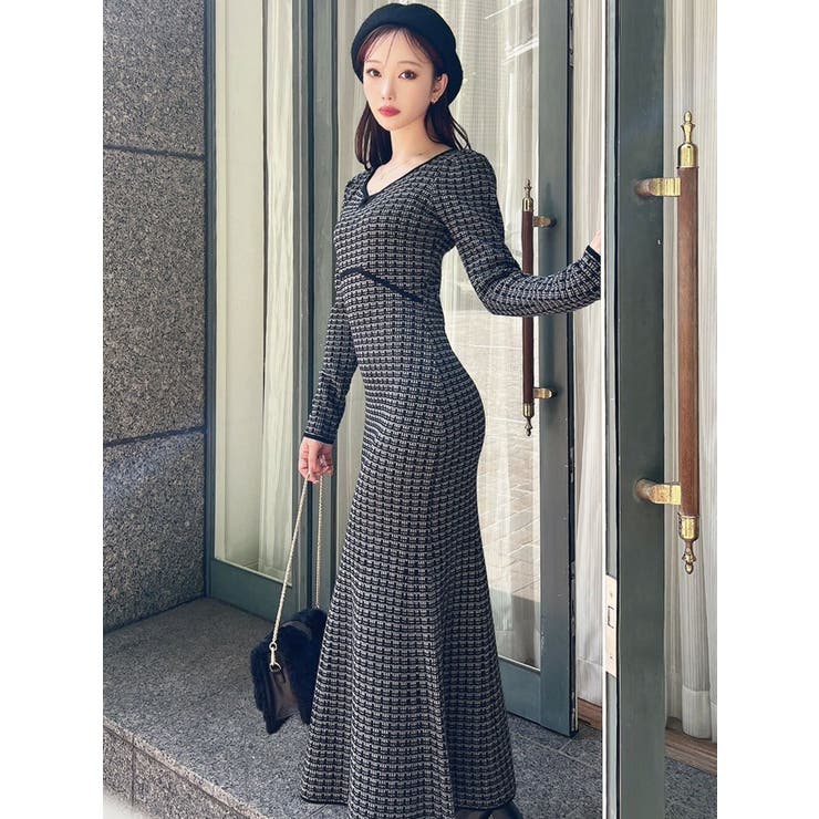 WEB限定】バイカラーツイードニットワンピース[品番：MKSW0067492