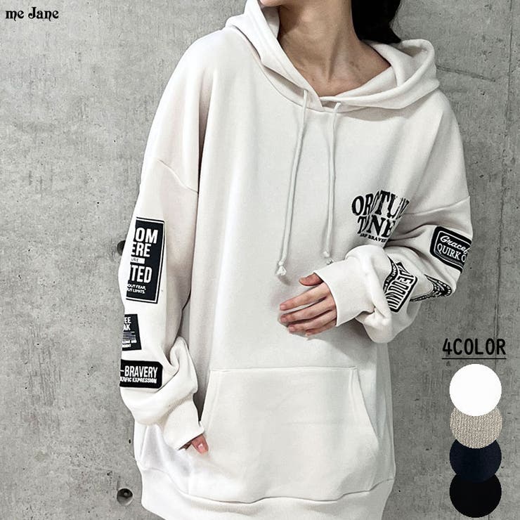 裏起毛袖ワッペン＆ロゴデザインプルパーカー[品番：MJNW0002979]｜me