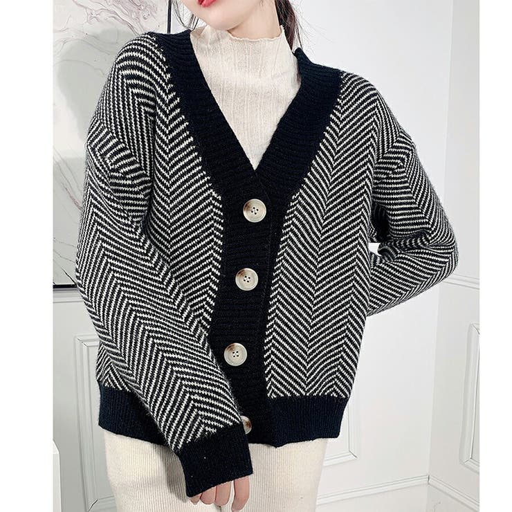 ヘリンボーン柄カーディガン 重ね着 個性的[品番：XL000002031
