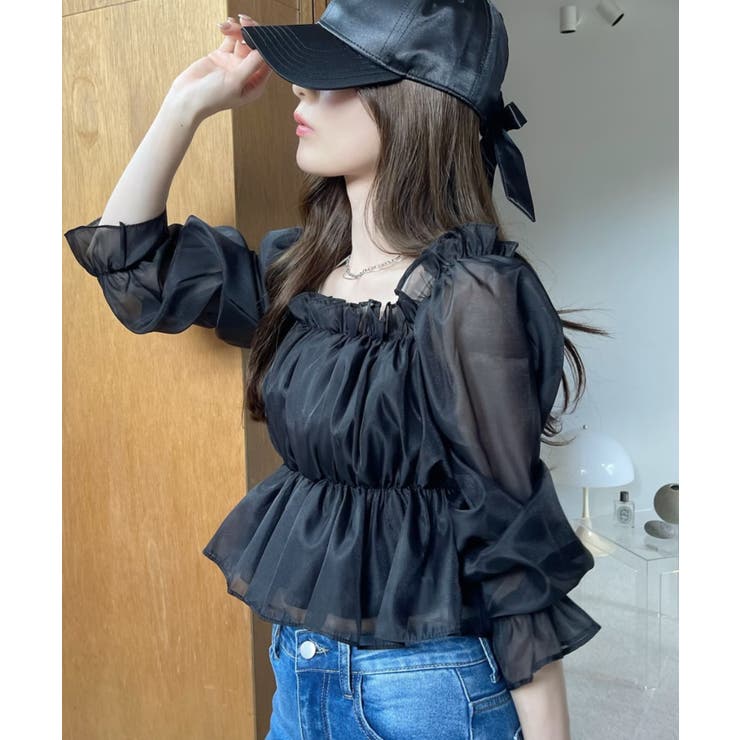 2WAY オフショル シアー ギャザー 長袖 ブラウス[品番：ORGW0009141