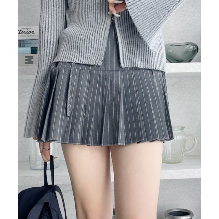 ウエストサイドリボン プリーツ ミニスカート チェック/ピンストライプ