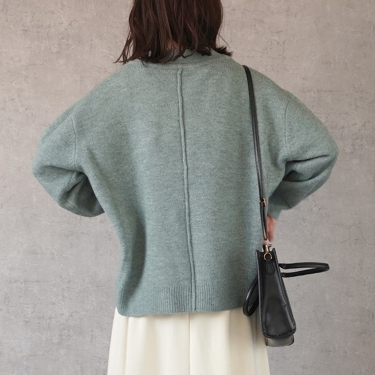 もちもち天竺キーネックニット Vネック 無地 トップス 長袖 秋冬[品番