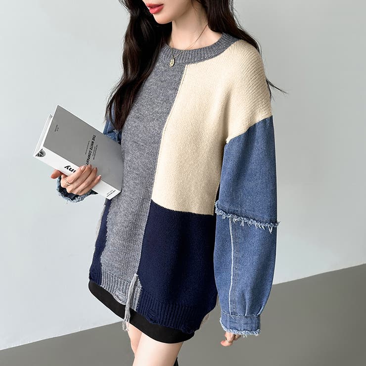 セーター デニム切り替えニットセーター ニット[品番：COCW0004917