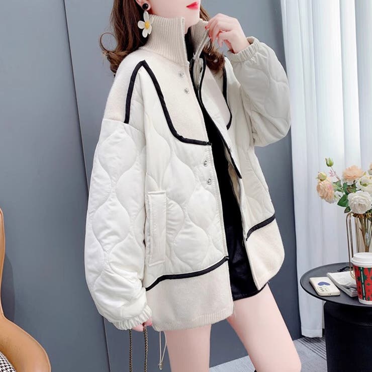 キルティングジャケット 配色パイピング 切り替えニット[品番