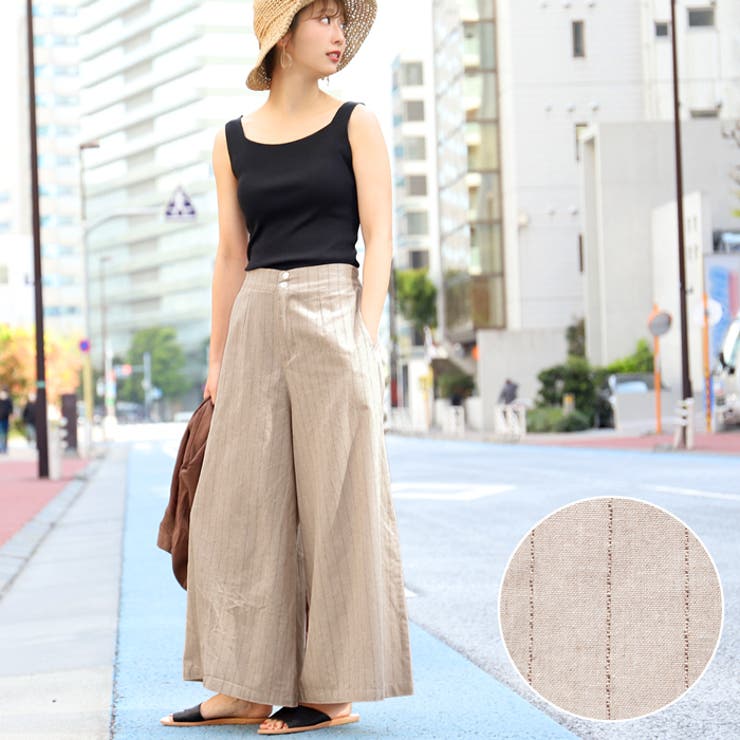 かすれストライプ麻混Aラインワイドパンツ 石田一帆さん着用(コットン