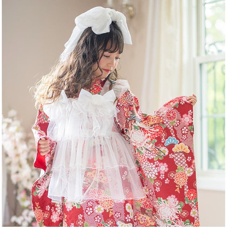 チュールフリルエプロン+着物ワンピースセット 七五三 753[品番