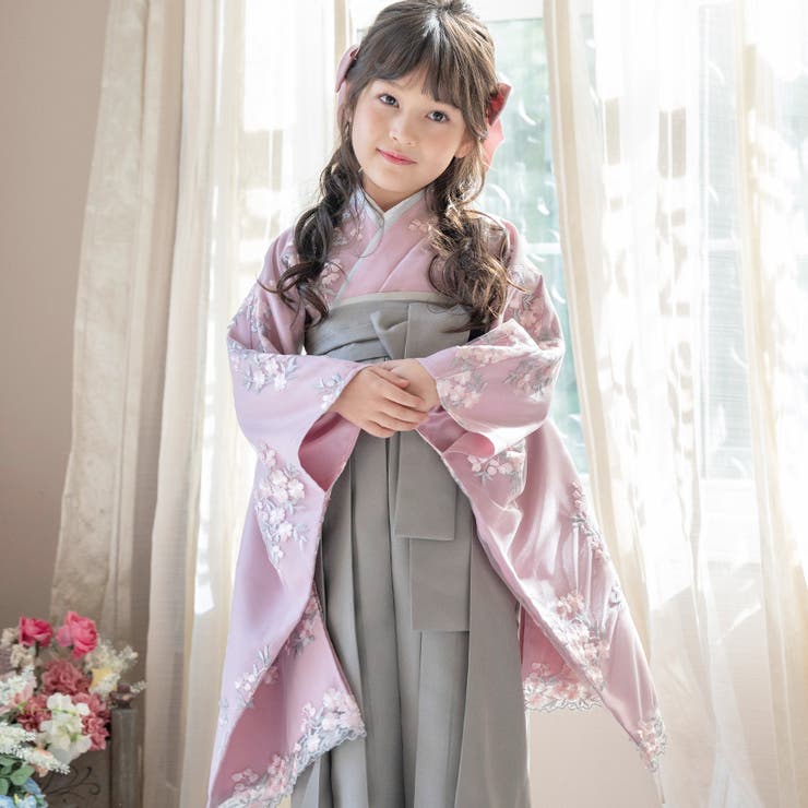 卒業式 花刺繍チュールレース 袴一体型着物ワンピース[品番