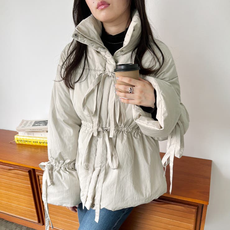 リボン ギャザー風 アウター ジャケット ダウン 中綿[品番