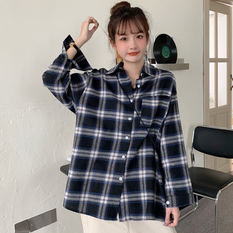 チェック柄襟付長袖シャツ 春夏新作 韓国ファッション[品番