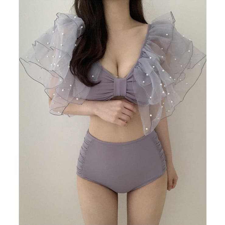 ビーズフリルスリーブスイムウェア 水着 セクシー[品番：XT000009321