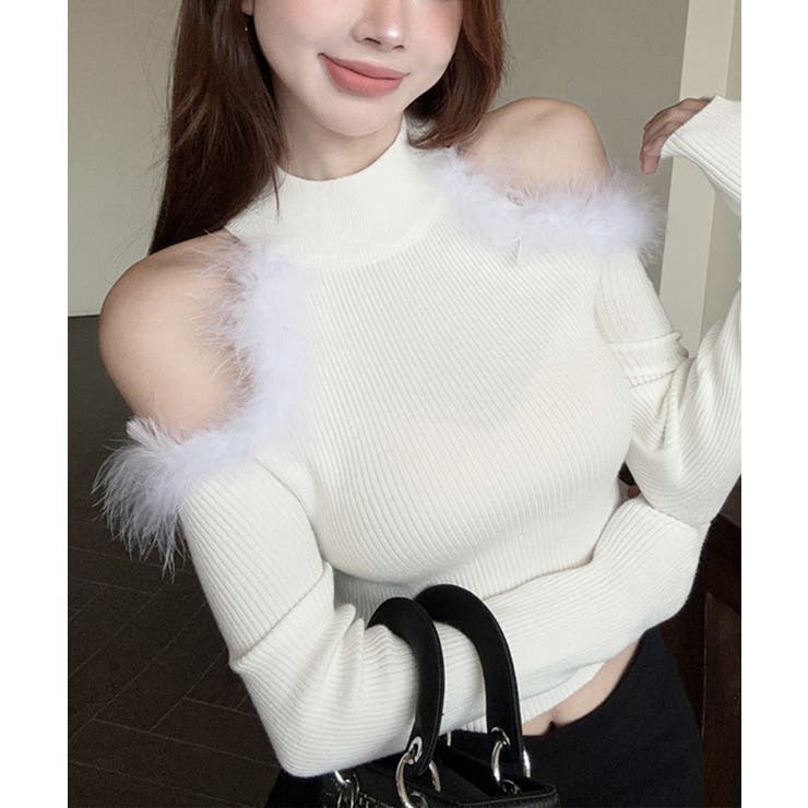 Jasmine】ファー付きリブ編み肩見せトップス Jasmine Grandi…[品番