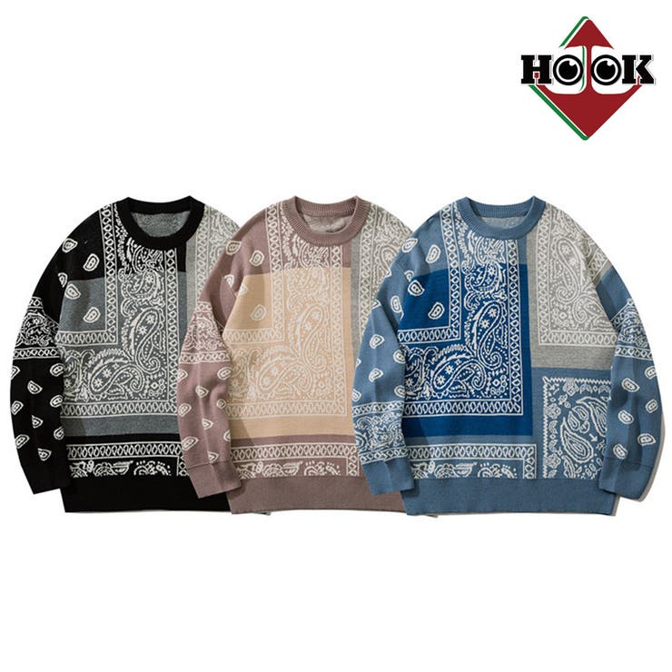 HOOK】バンダナ模様ニット風スウェット ニット メンズ[品番