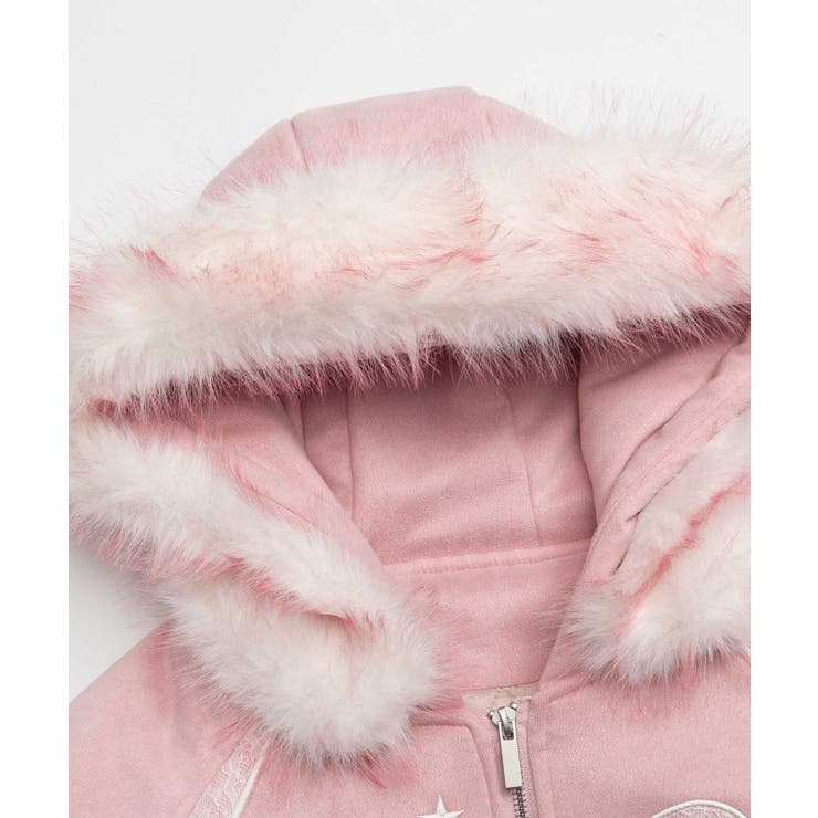 HOOK】for girls レースリボン刺繍ファー付きスエード風ジャケット