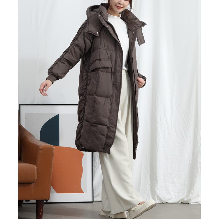 Aimoha】大きめフードのスタンドネックロングダウンジャケット[品番