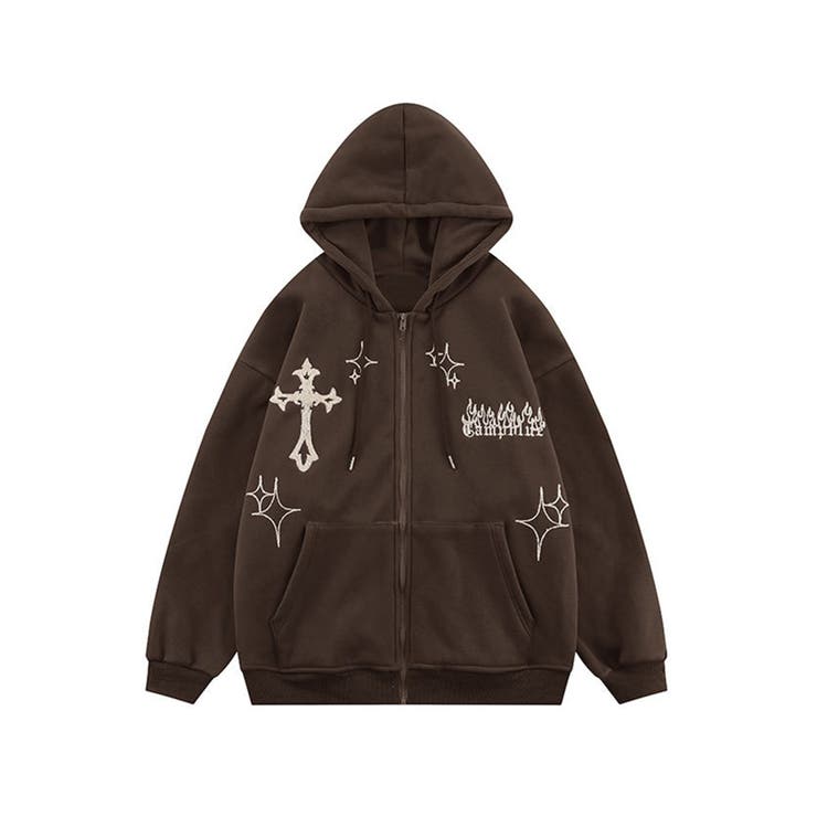HOOK】クロスと炎刺繍ジップパーカー ストリート系 ロンT[品番