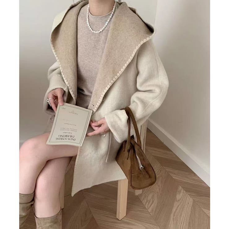 コントラストステッチ ショールカラーダブルウールコート【AW】[品番