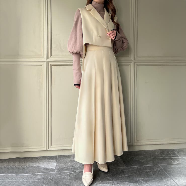 サイドベルトショートベスト＋プリーツスカートセットアップ[品番