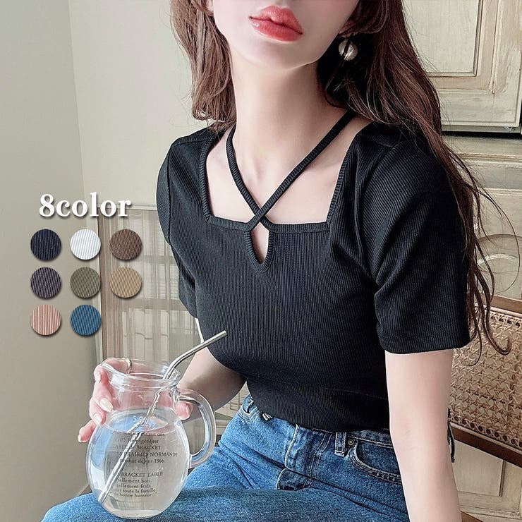 Meiru クロスネックリブトップス[品番：AMTW0010584]｜JUNOAH