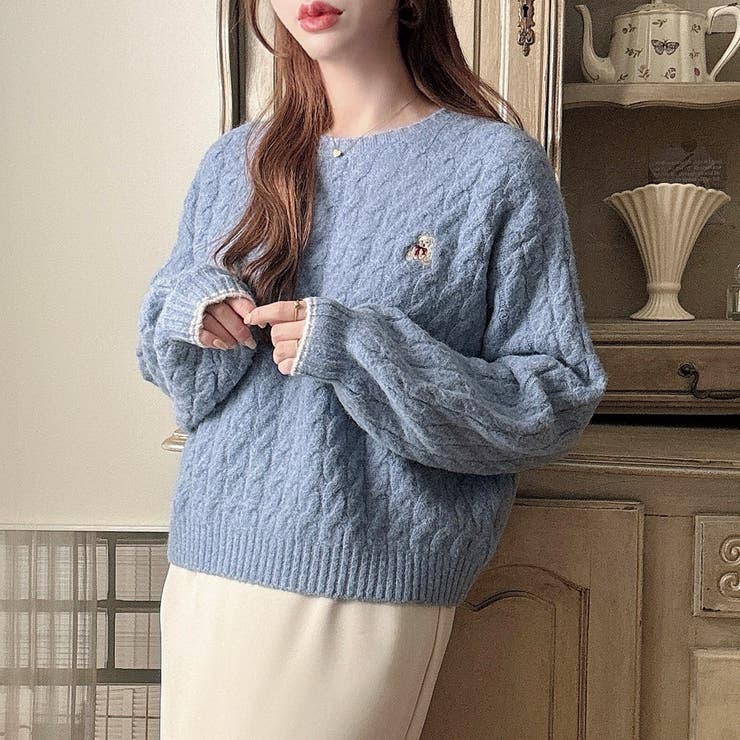 Meiru【着丈が選べる】くま刺繍ケーブルニット[品番：AMTW0011056