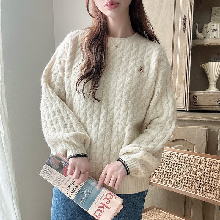 Meiru【着丈が選べる】くま刺繍ケーブルニット[品番：AMTW0011056