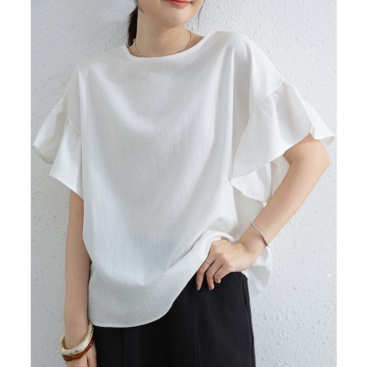 フリル袖 シャツブラウス レディース半袖[品番：AGCW0005714