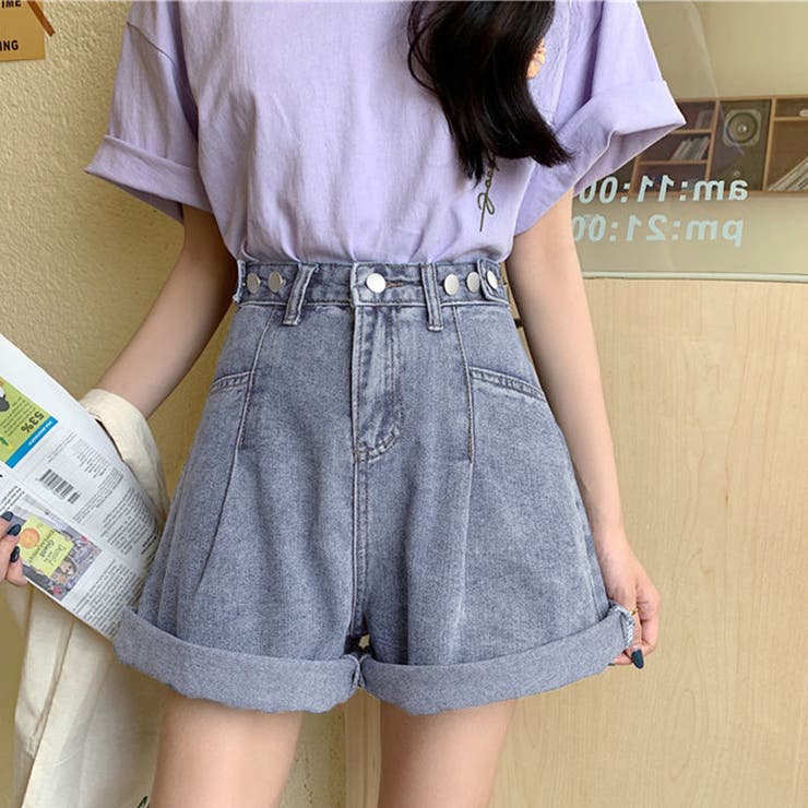 ロールアップ デニムショートパンツ 美脚[品番：AGCW0004315