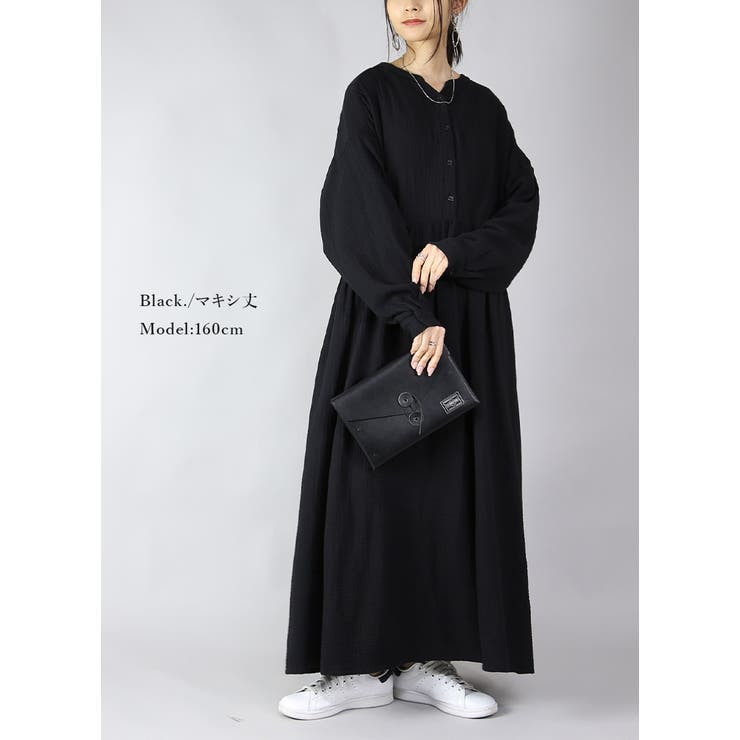 前ボタンフレアダブルガーゼワンピース【M】【L】レディース 春秋冬