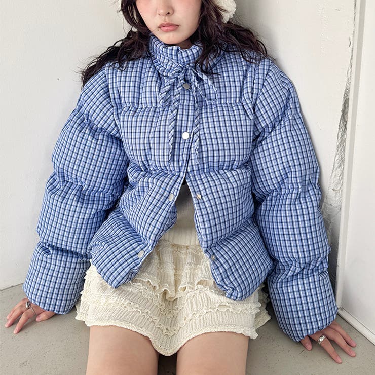 袖取り外し可能】チェックリボンダウンジャケット/ダウンベスト[品番