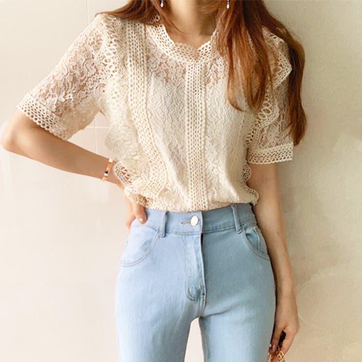 肩フリル 半袖 総レース バンドカラーブラウス[品番：ADEW0003611]｜ad